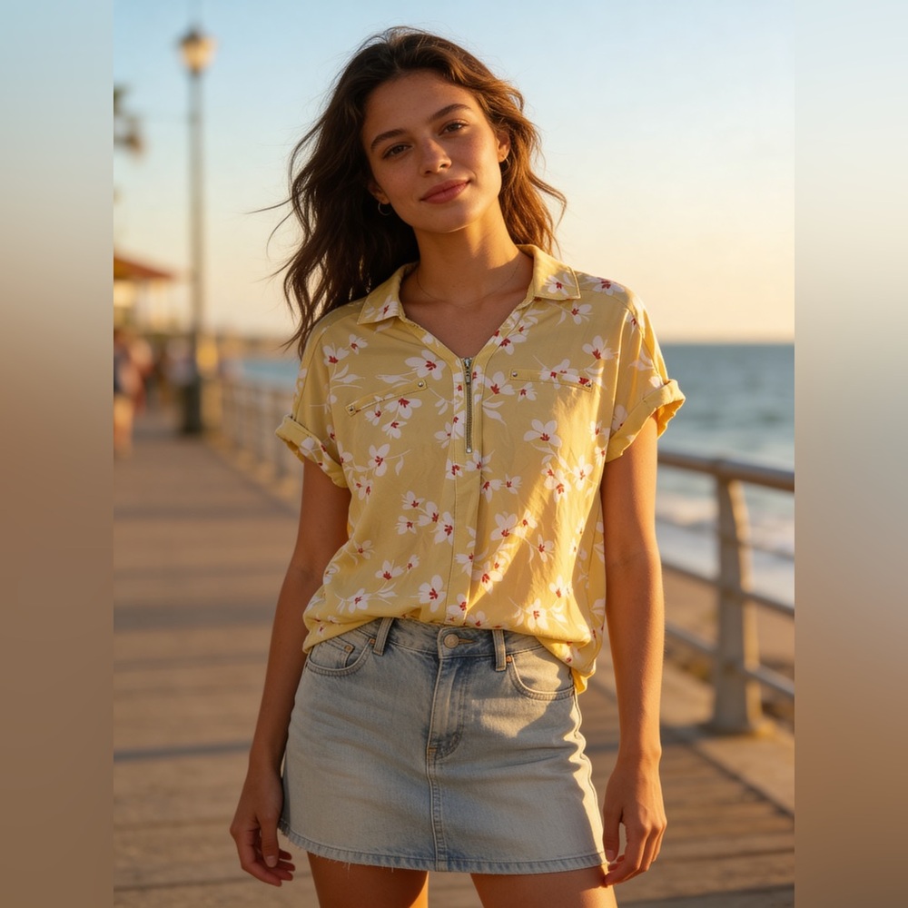 Ladies Lily Morgan Yellow Floral Short-Sleeve zip Front Top (inv# 193)